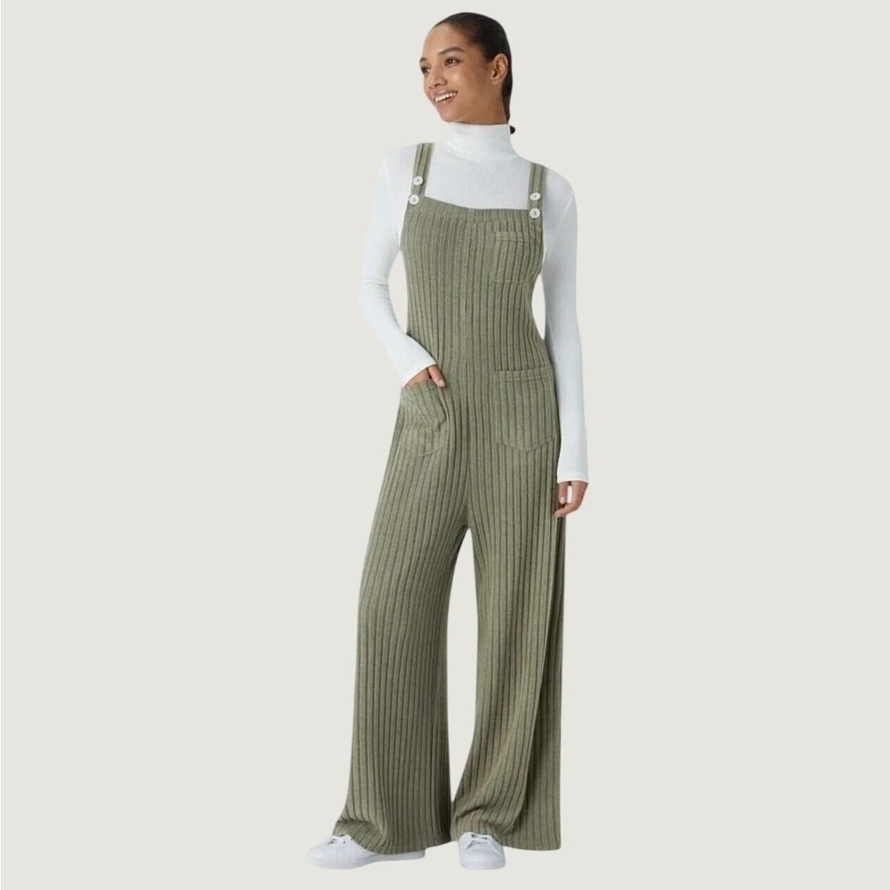 HALARA Ribbed Knit Wide-Leg Overalls Jumpsuit in Green Size XL
